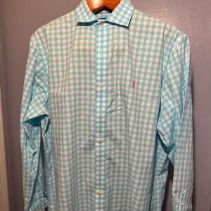 Ralph Lauren Men’s Aqua and White Gingham Button-Down Shirt